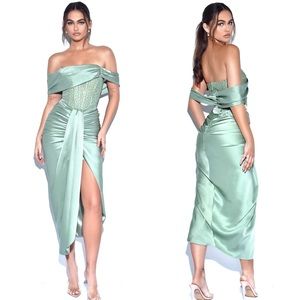 Miss Circle Off Shoulder Crystal Corset Satin Gown
